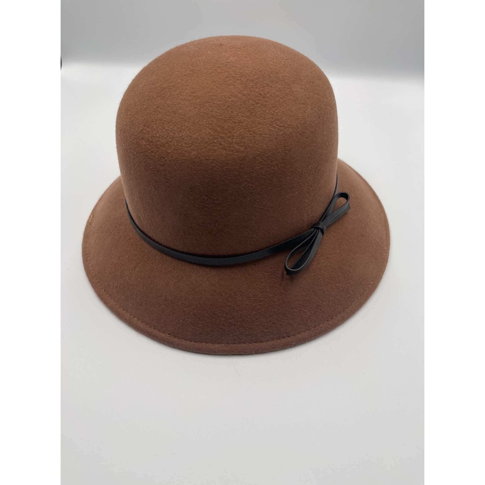Vintage Style Brown 100% Wool Cloche Hat Black Bow Accent Women Accessory